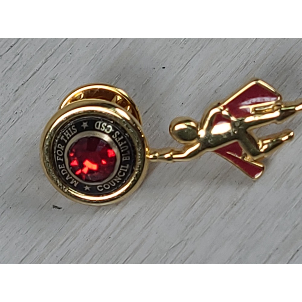 Council Bluffs CSD Made For This Gold Tone Red Rhinestone Super Hero Lapel Pin
